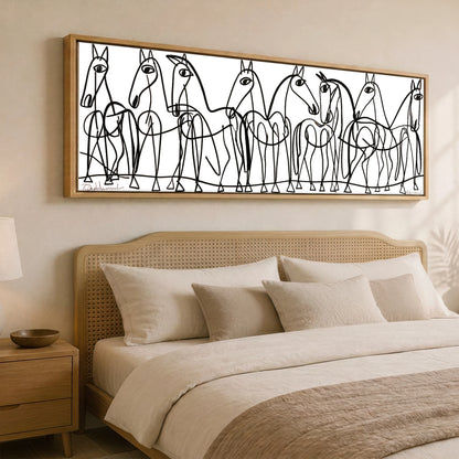 The Line Drawn Herd Horse Landscape panoramic canvas wall art displayed above a bed