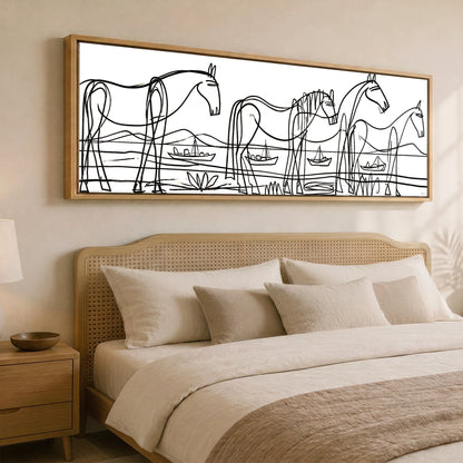 Equine Coastal Rhythm Horse Landscape panoramic canvas wall art displayed above a bed
