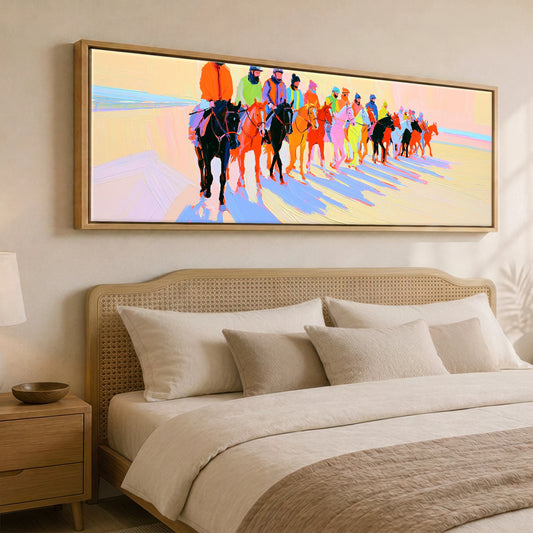 Technicolour Parade Racing Horse panoramic canvas wall art displayed above a bed