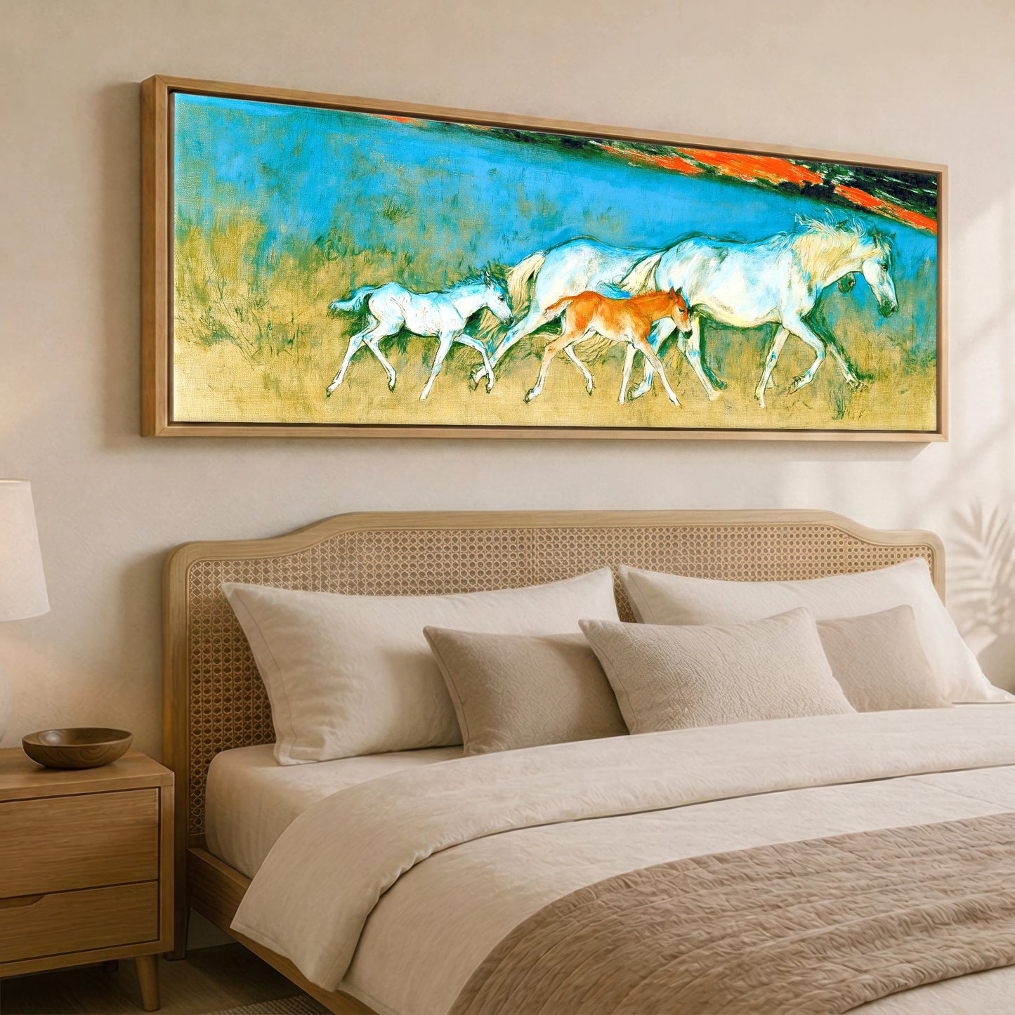 Vibrant Azure Strides Mare & Foal panoramic canvas wall art displayed above a bed