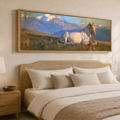 Alpine Slumber Horse Landscape panoramic canvas wall art displayed above a bed