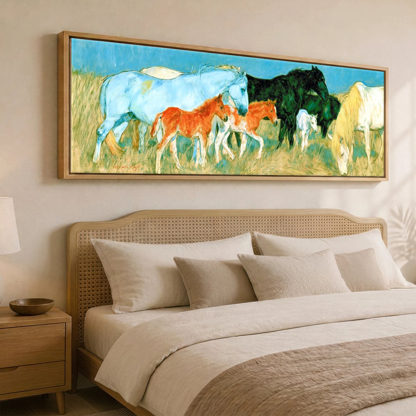 Vibrant Pasture Herd Mare & Foal panoramic canvas wall art displayed above a bed
