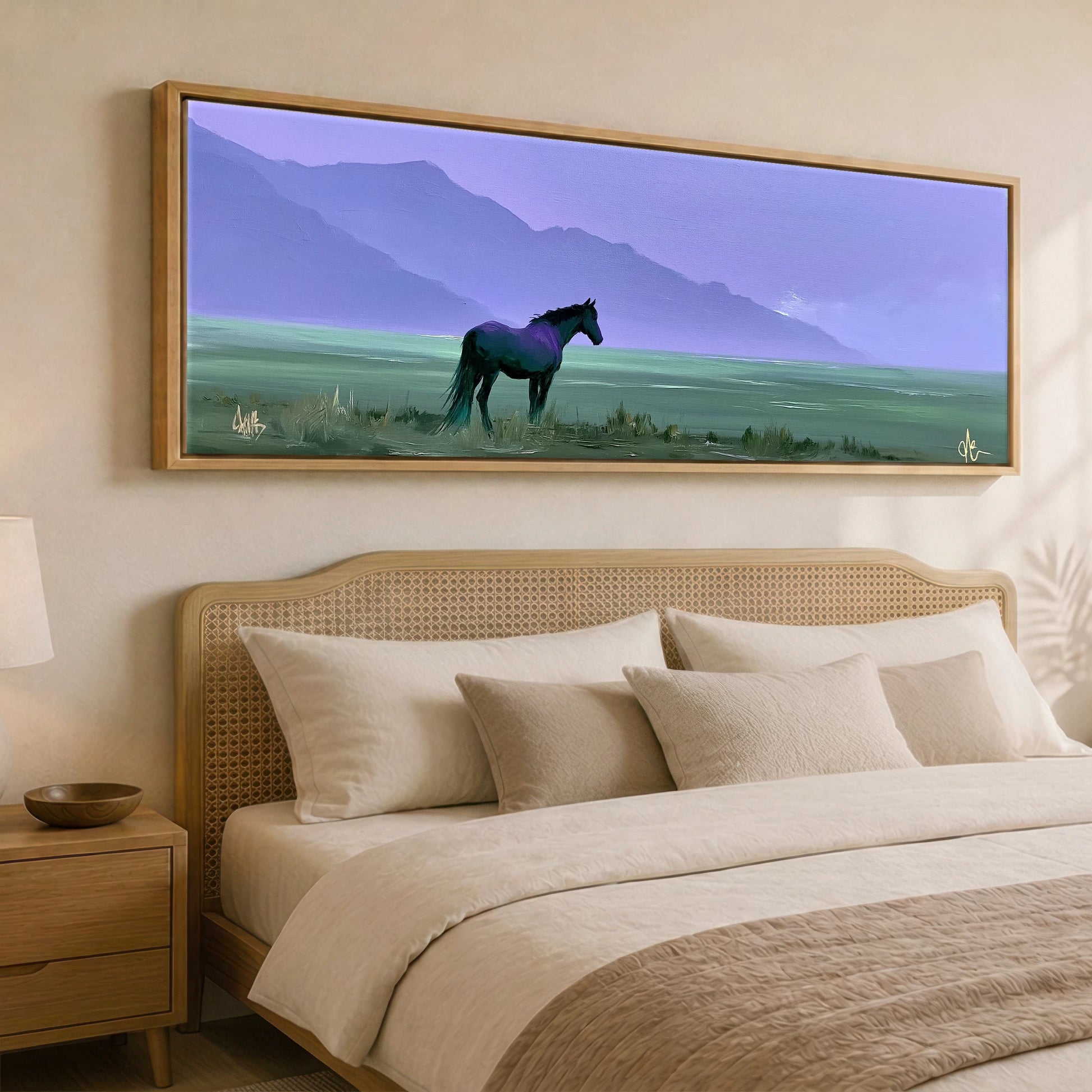 Dusk On The Violet Plain Horse Landscape panoramic canvas wall art displayed above a bed