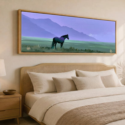 Dusk On The Violet Plain Horse Landscape panoramic canvas wall art displayed above a bed