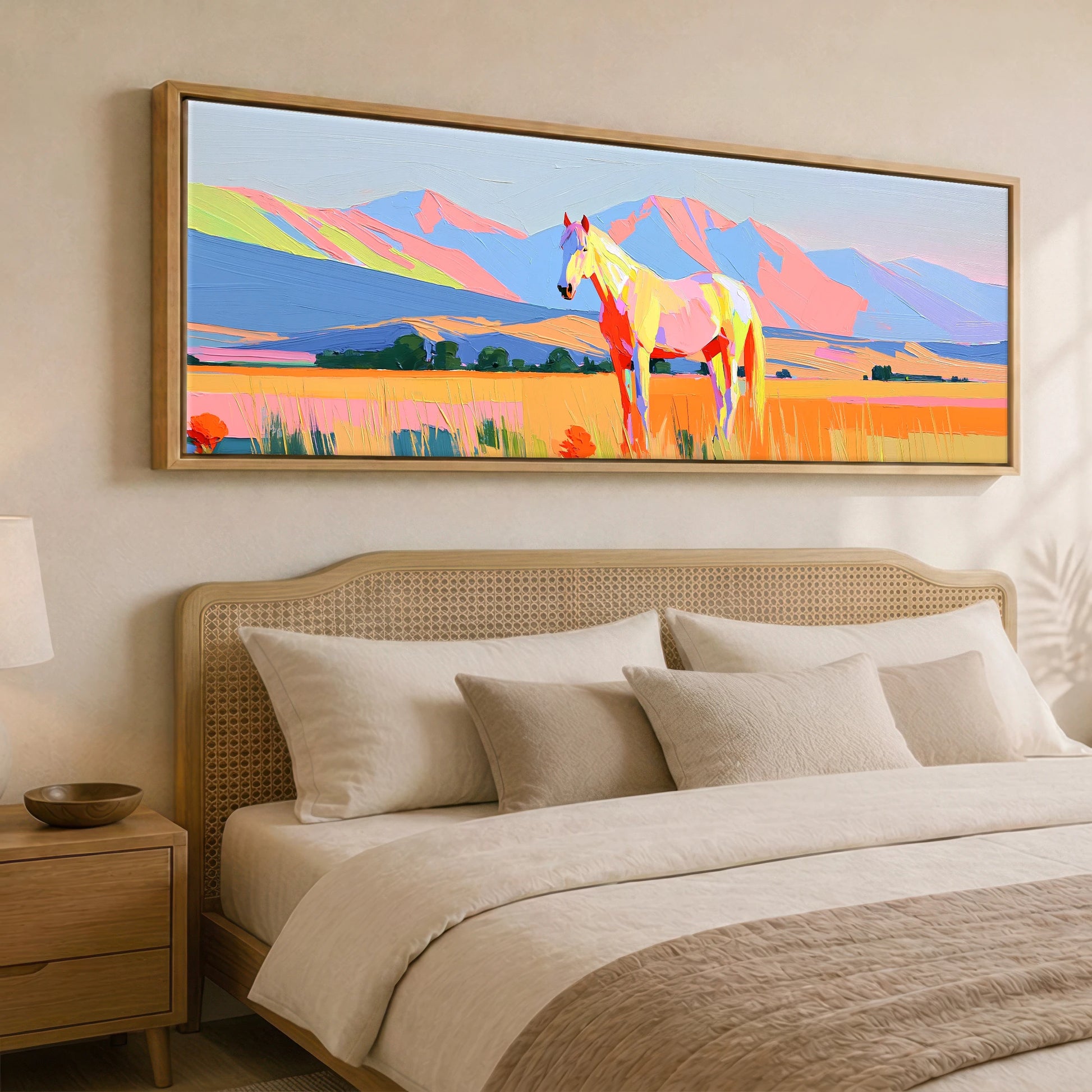 Technicolour Mountain Pasture Horse Landscape panoramic canvas wall art displayed above a bed