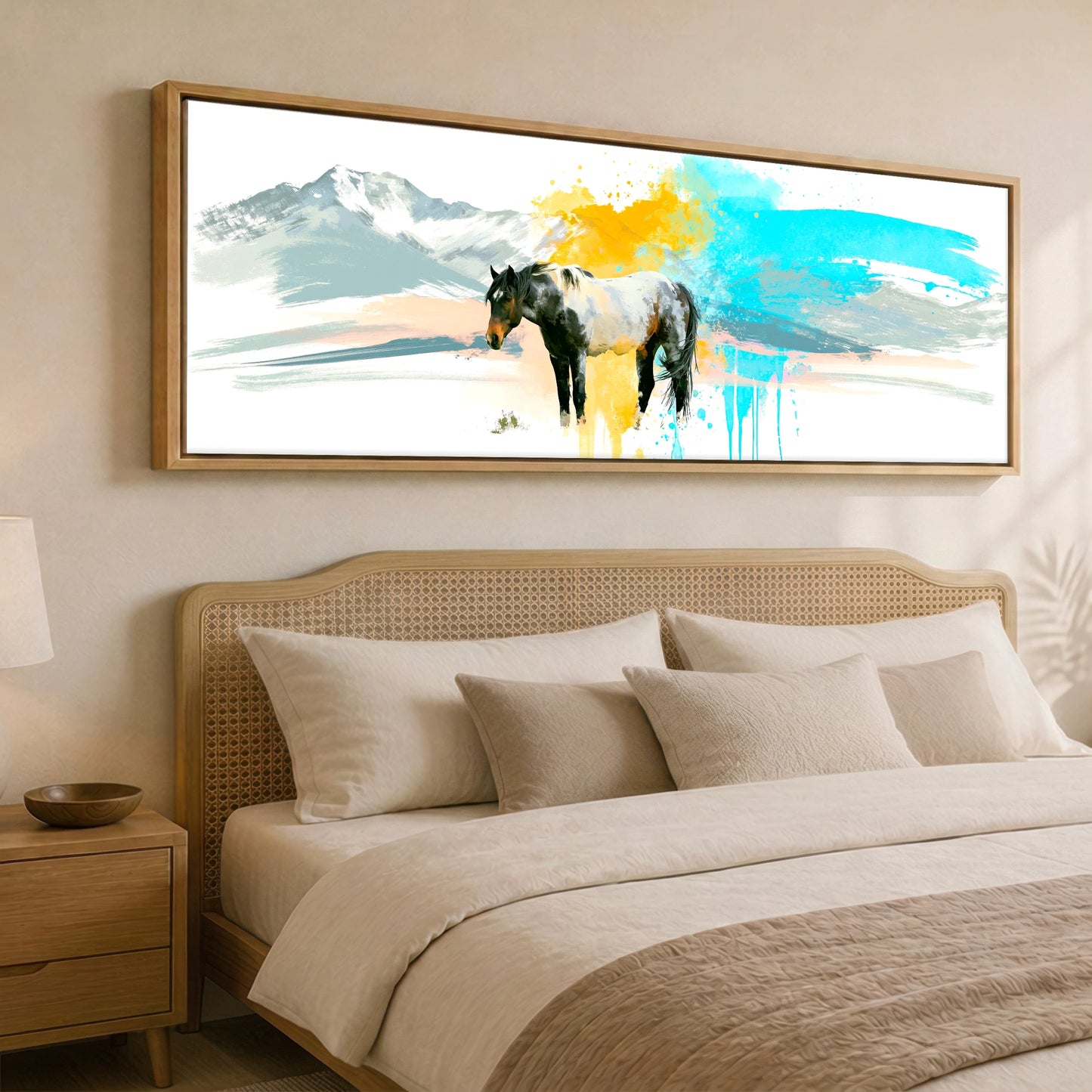 Vibrant Painted Horizons Horse Landscape panoramic canvas wall art displayed above a bed
