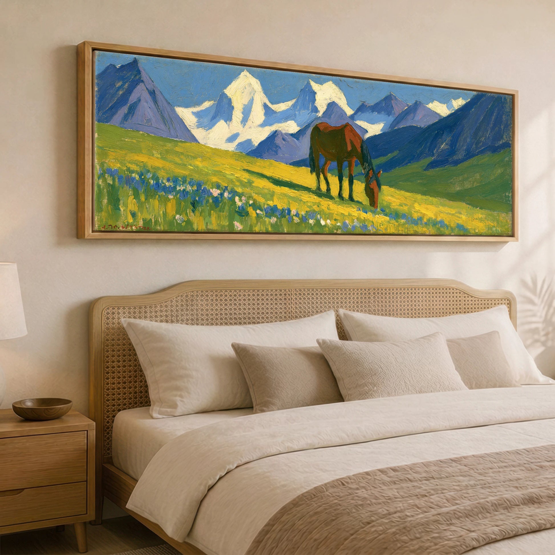 Vibrant Mountain Pasture Horse Landscape panoramic canvas wall art displayed above a bed