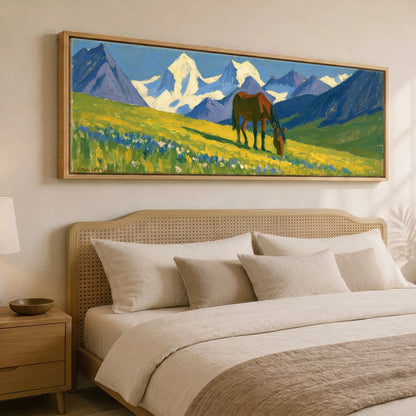 Vibrant Mountain Pasture Horse Landscape panoramic canvas wall art displayed above a bed