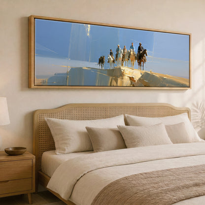 Cresting the Ridge Horse & Rider panoramic canvas wall art displayed above a bed