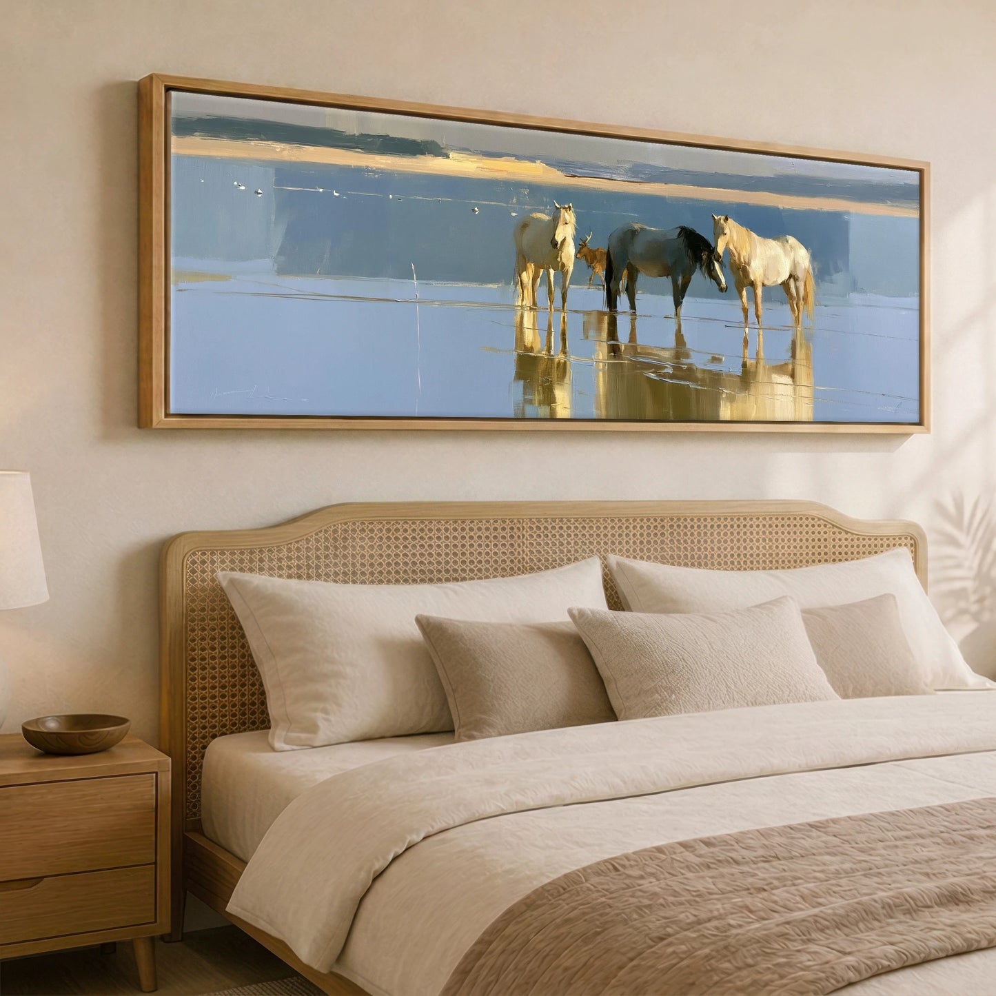 Coastal Reflections Beach Horse panoramic canvas wall art displayed above a bed