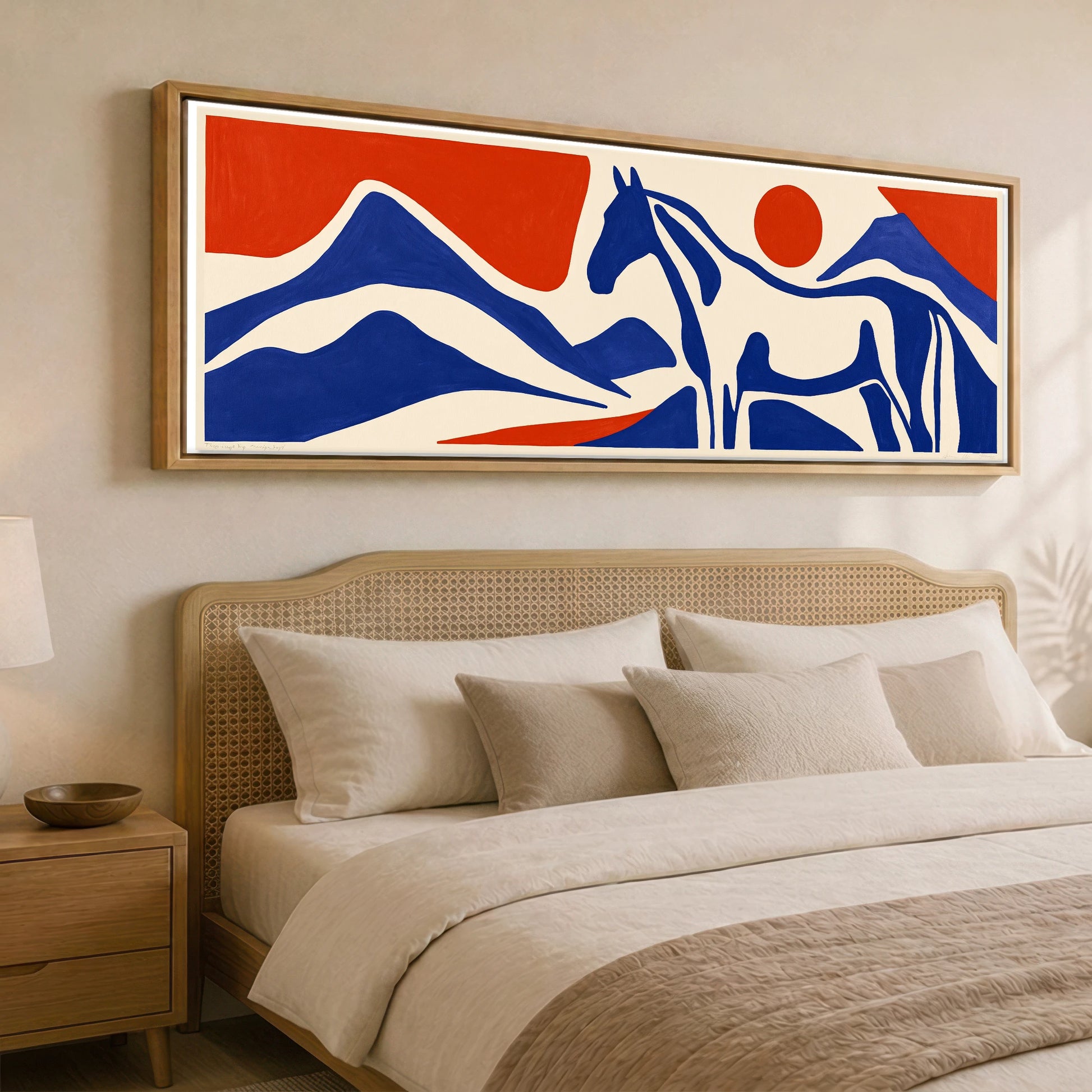 Cobalt Peaks Equine Horse Landscape panoramic canvas wall art displayed above a bed