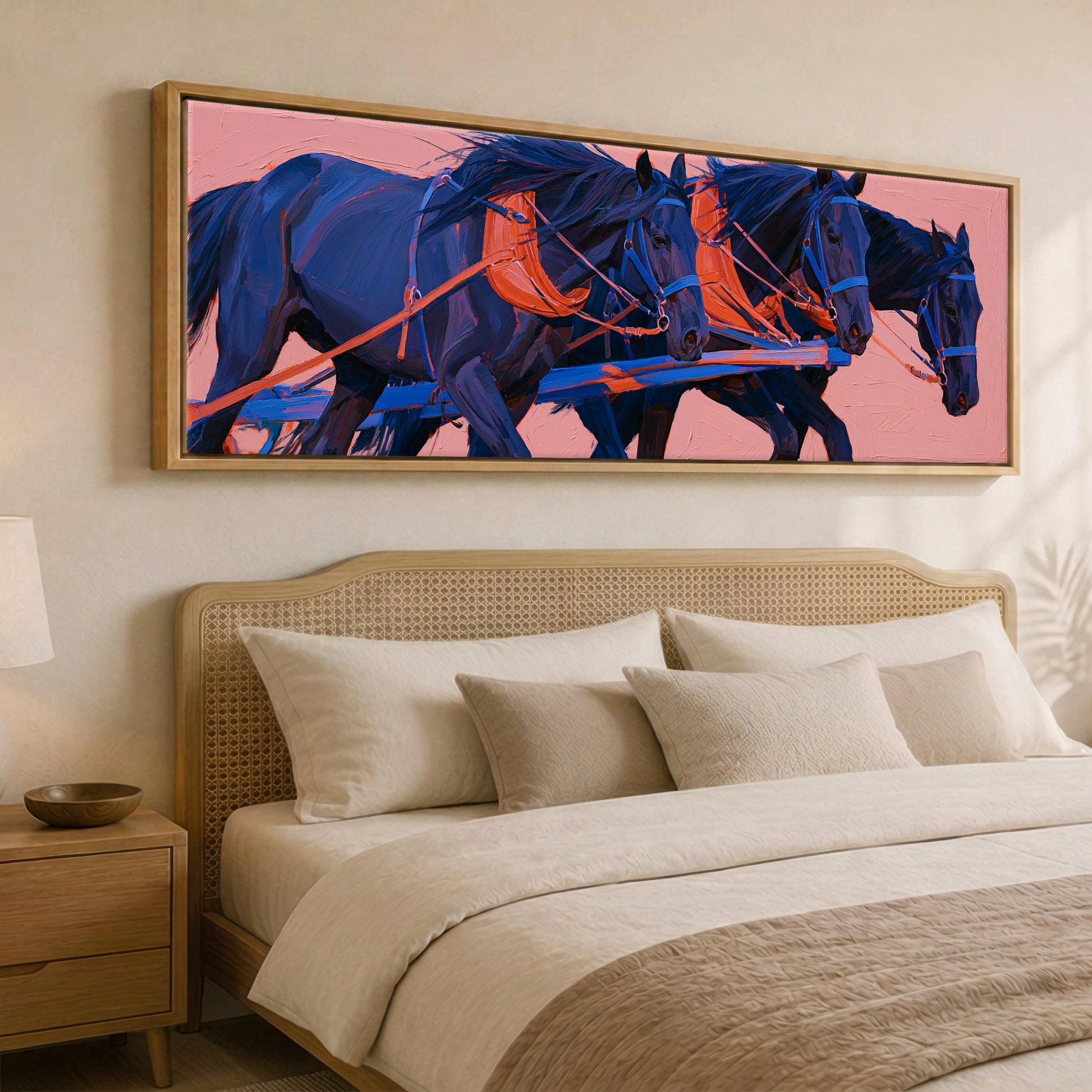The Indigo Team Working Horse panoramic canvas wall art displayed above a bed