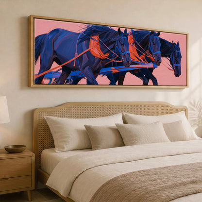 The Indigo Team Working Horse panoramic canvas wall art displayed above a bed