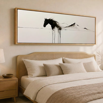 Equine Ink Horizon Horse Landscape panoramic canvas wall art displayed above a bed