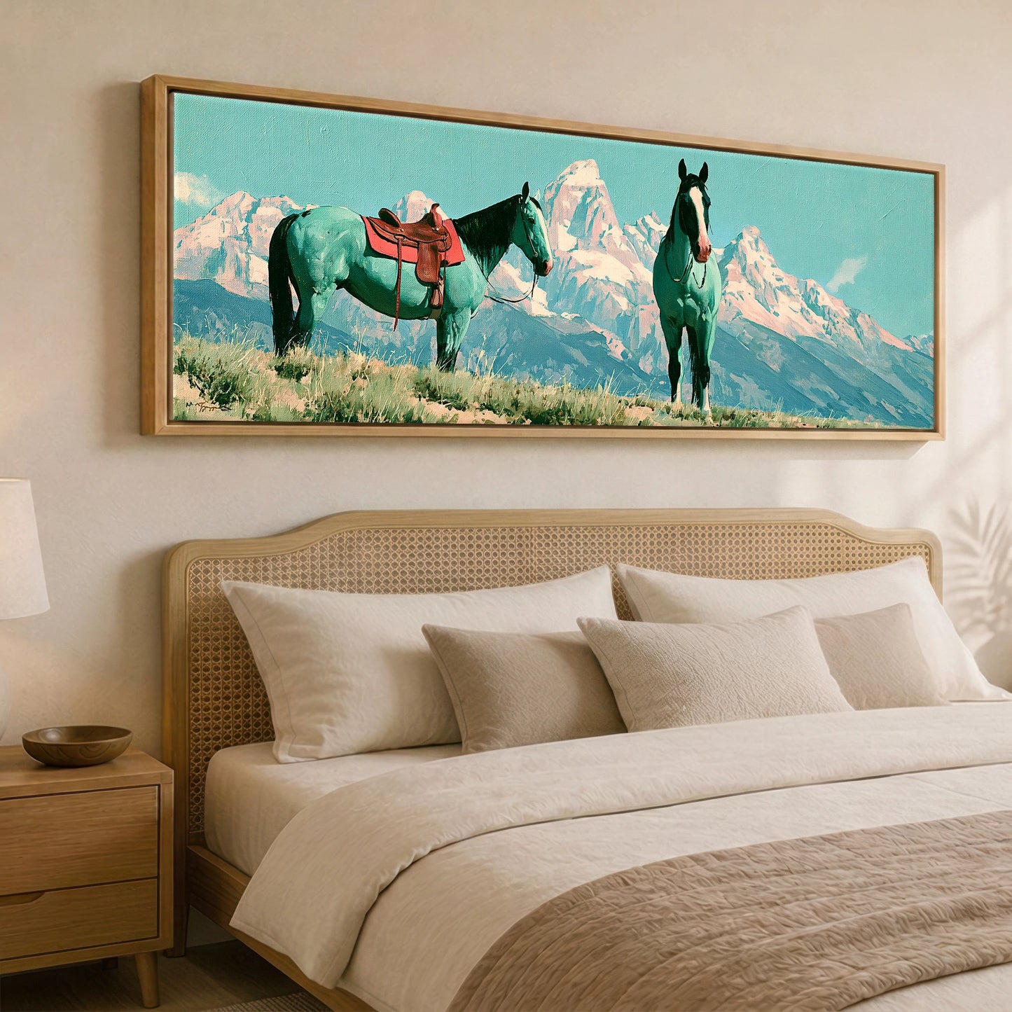 Vivid High Country Horse Landscape panoramic canvas wall art displayed above a bed
