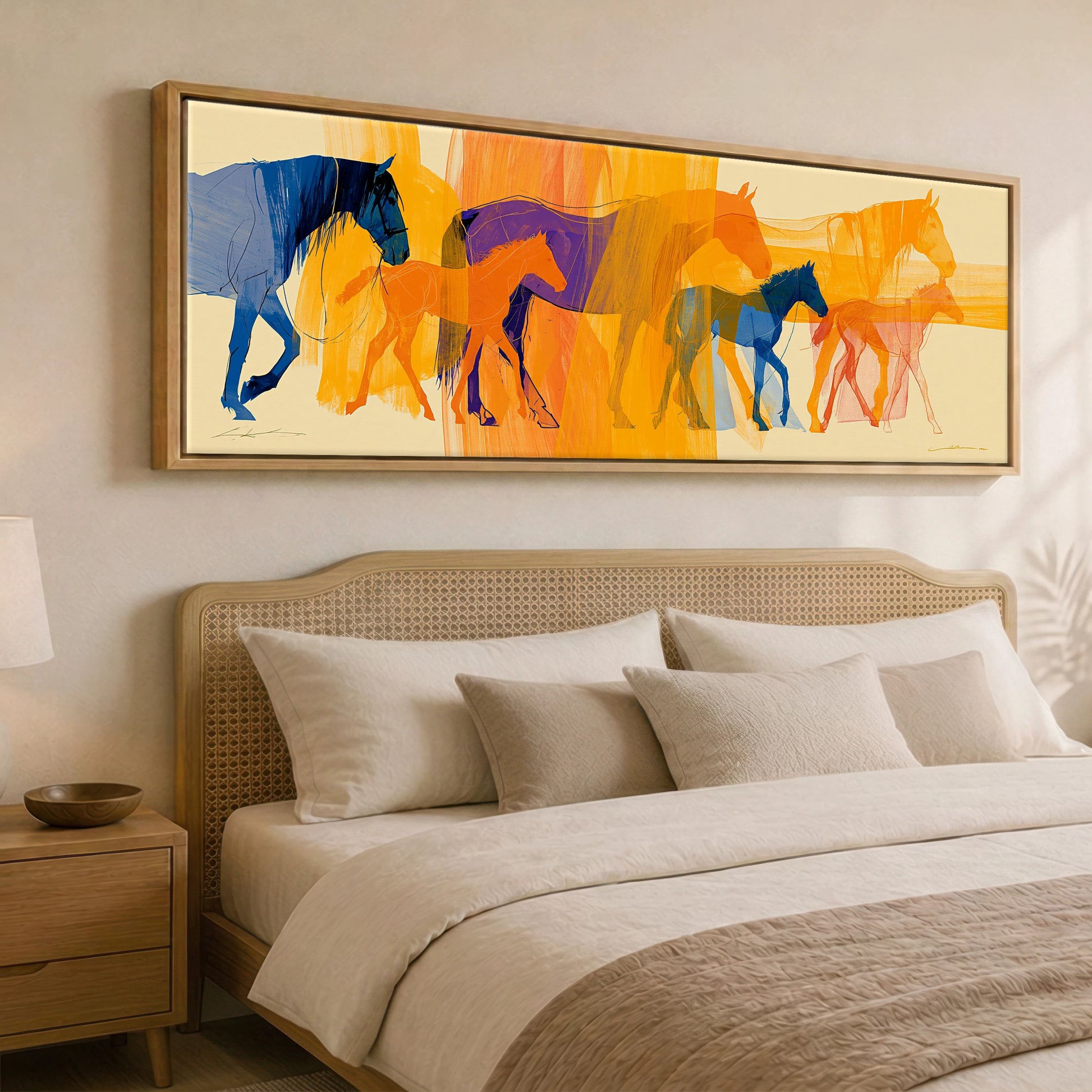 Vibrant Generations Mare & Foal panoramic canvas wall art displayed above a bed