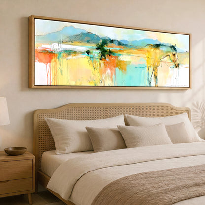 Vibrant Equine Horizon Horse Landscape panoramic canvas wall art displayed above a bed
