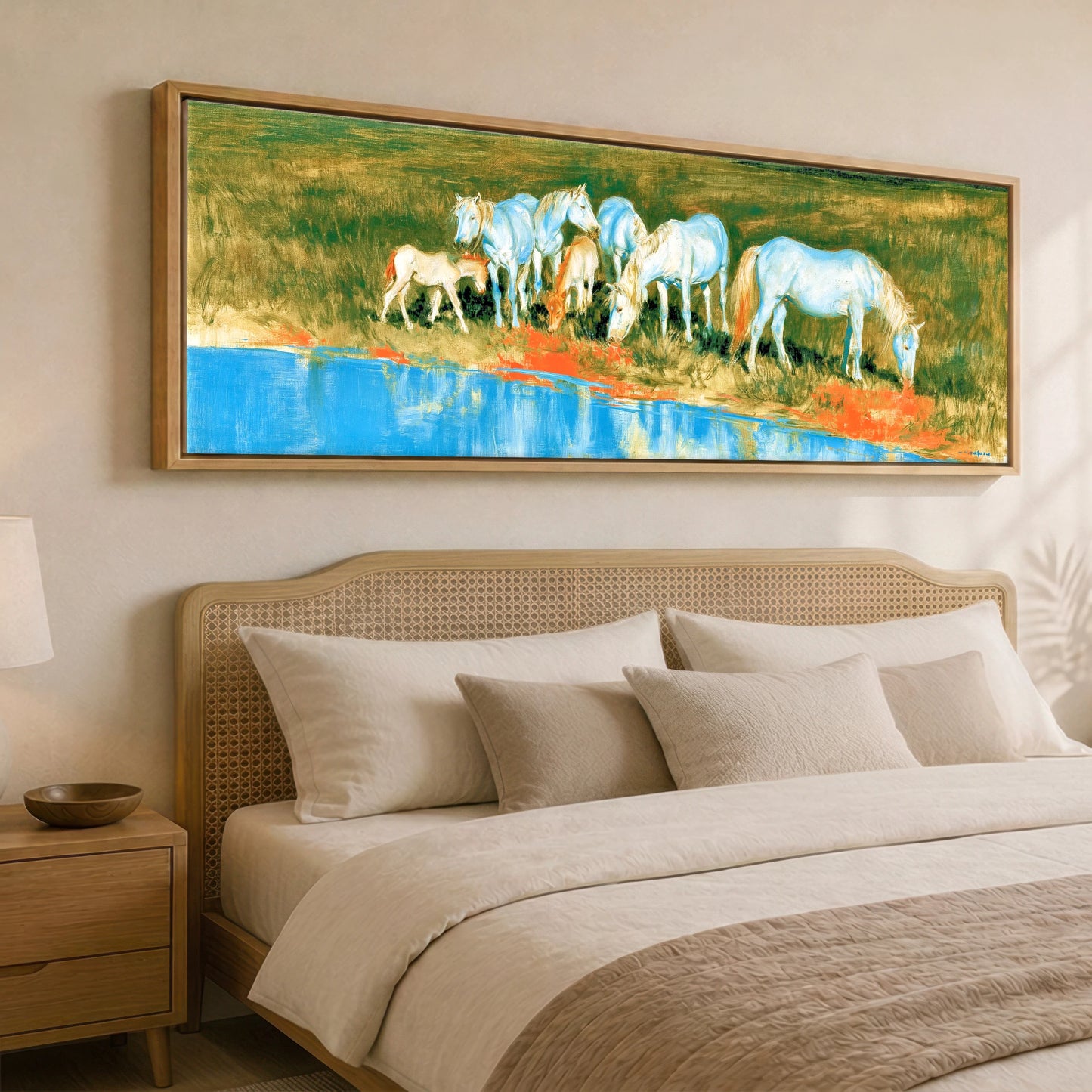 Vivid Waterside Herd Wild Horses panoramic canvas wall art displayed above a bed