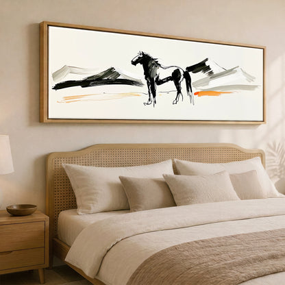 Ink and Amber Horizon Horse Landscape panoramic canvas wall art displayed above a bed