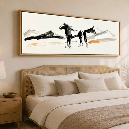 Ink and Amber Horizon Horse Landscape panoramic canvas wall art displayed above a bed