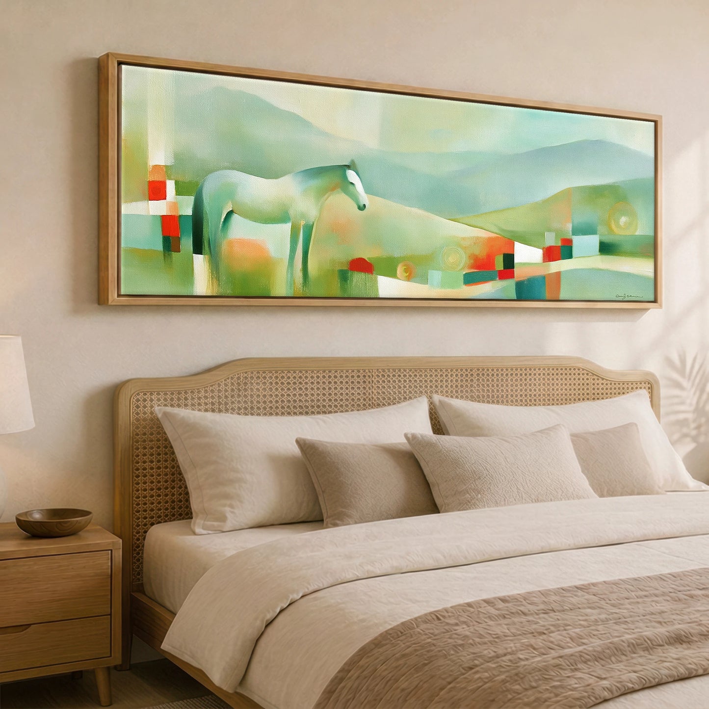 The Mint Horizon Horse Landscape panoramic canvas wall art displayed above a bed