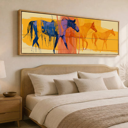 Cobalt Stride Sequence Beach Horse panoramic canvas wall art displayed above a bed
