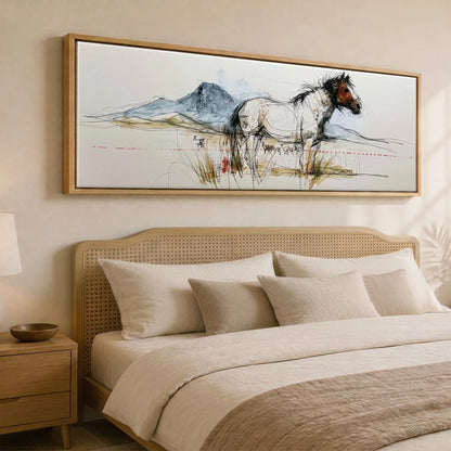 Wild Horizon Sketch Horse Landscape panoramic canvas wall art displayed above a bed
