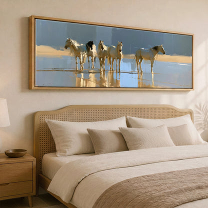 Coastal Reflections Beach Horse panoramic canvas wall art displayed above a bed