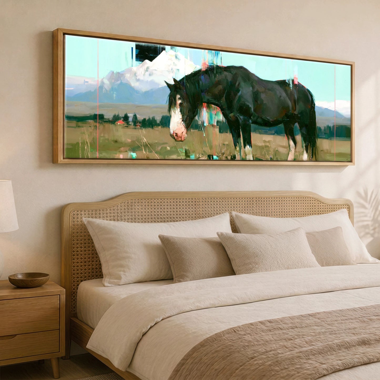 Midnight Coat Beneath Peaks Horse Landscape panoramic canvas wall art displayed above a bed