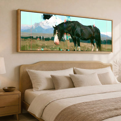 Midnight Coat Beneath Peaks Horse Landscape panoramic canvas wall art displayed above a bed