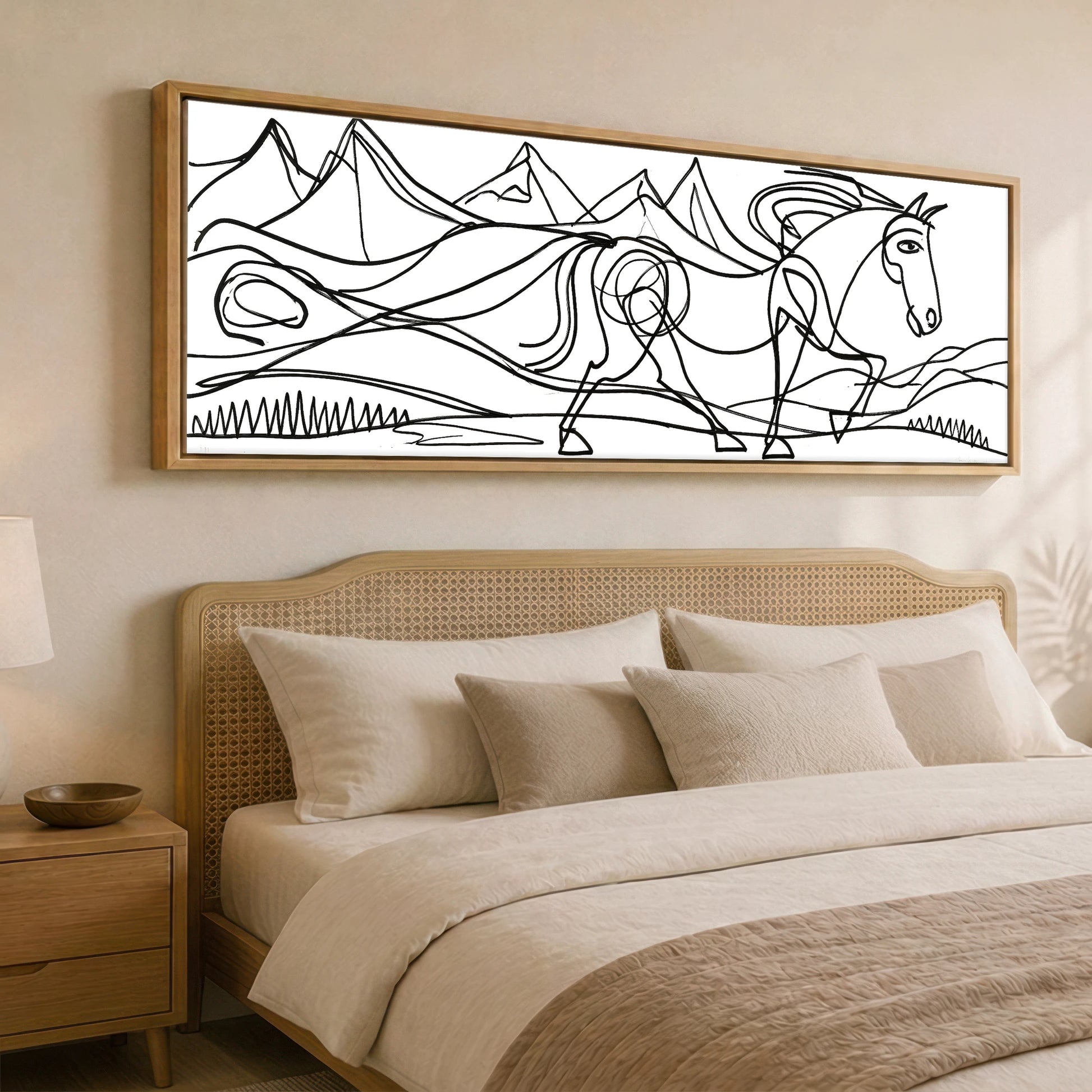 Bold Equine Contours Horse Landscape panoramic canvas wall art displayed above a bed