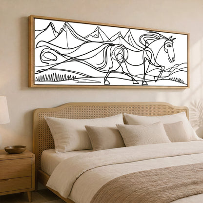 Bold Equine Contours Horse Landscape panoramic canvas wall art displayed above a bed