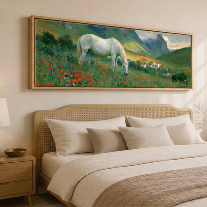 Summer Valley Grazing Horse Landscape panoramic canvas wall art displayed above a bed