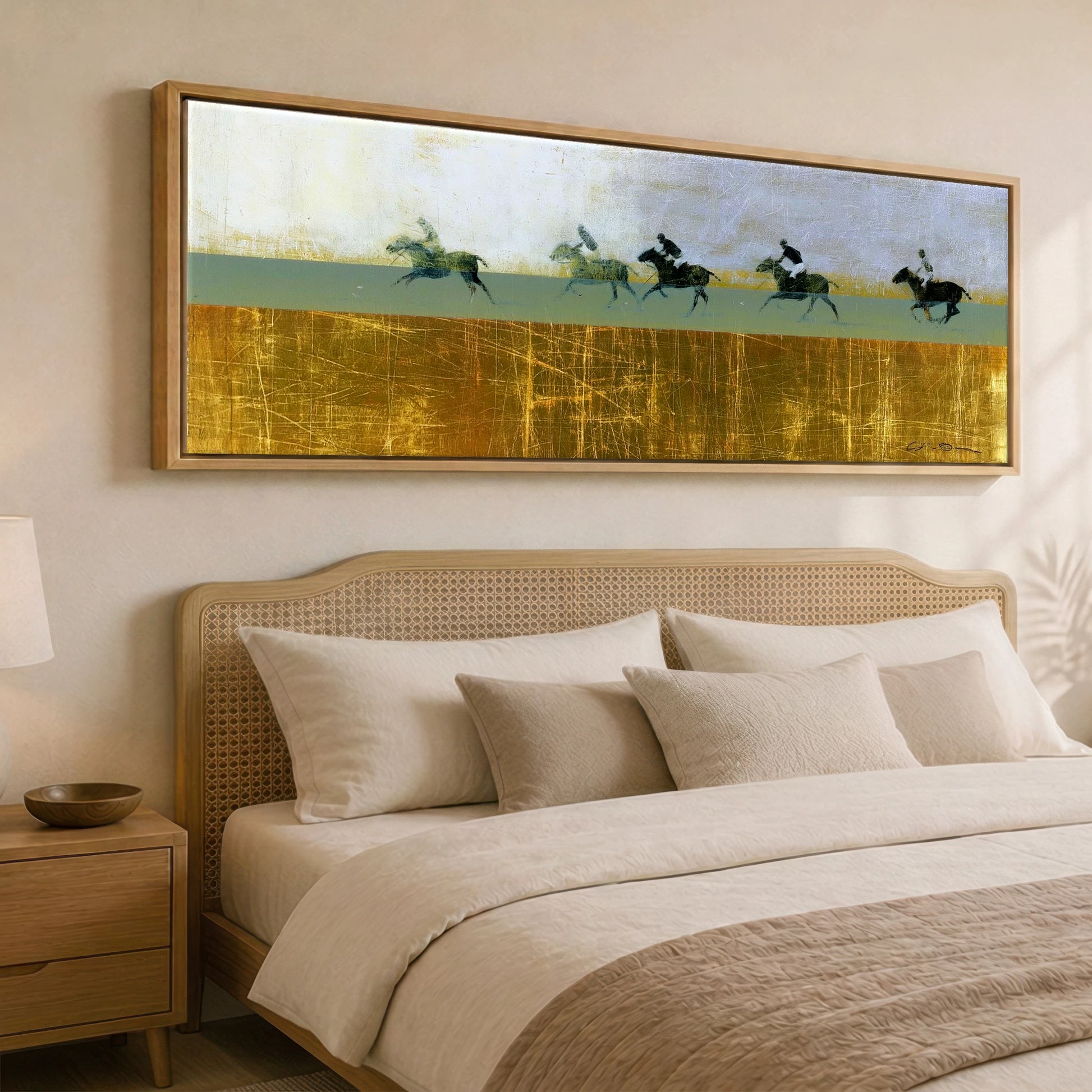 Pursuit in Gold Polo Horse panoramic canvas wall art displayed above a bed
