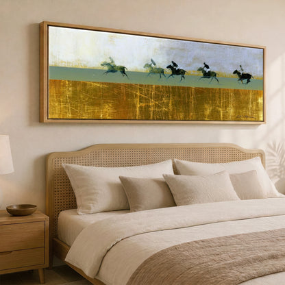 Pursuit in Gold Polo Horse panoramic canvas wall art displayed above a bed