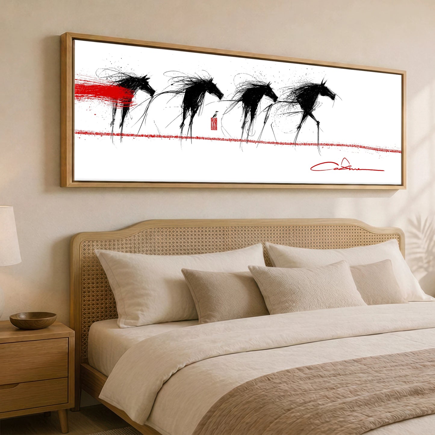 The Crimson Line Wild Horses panoramic canvas wall art displayed above a bed