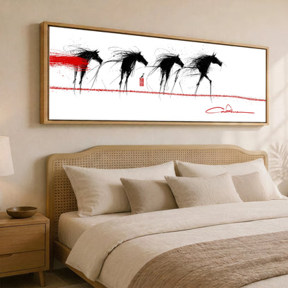 The Crimson Line Wild Horses panoramic canvas wall art displayed above a bed