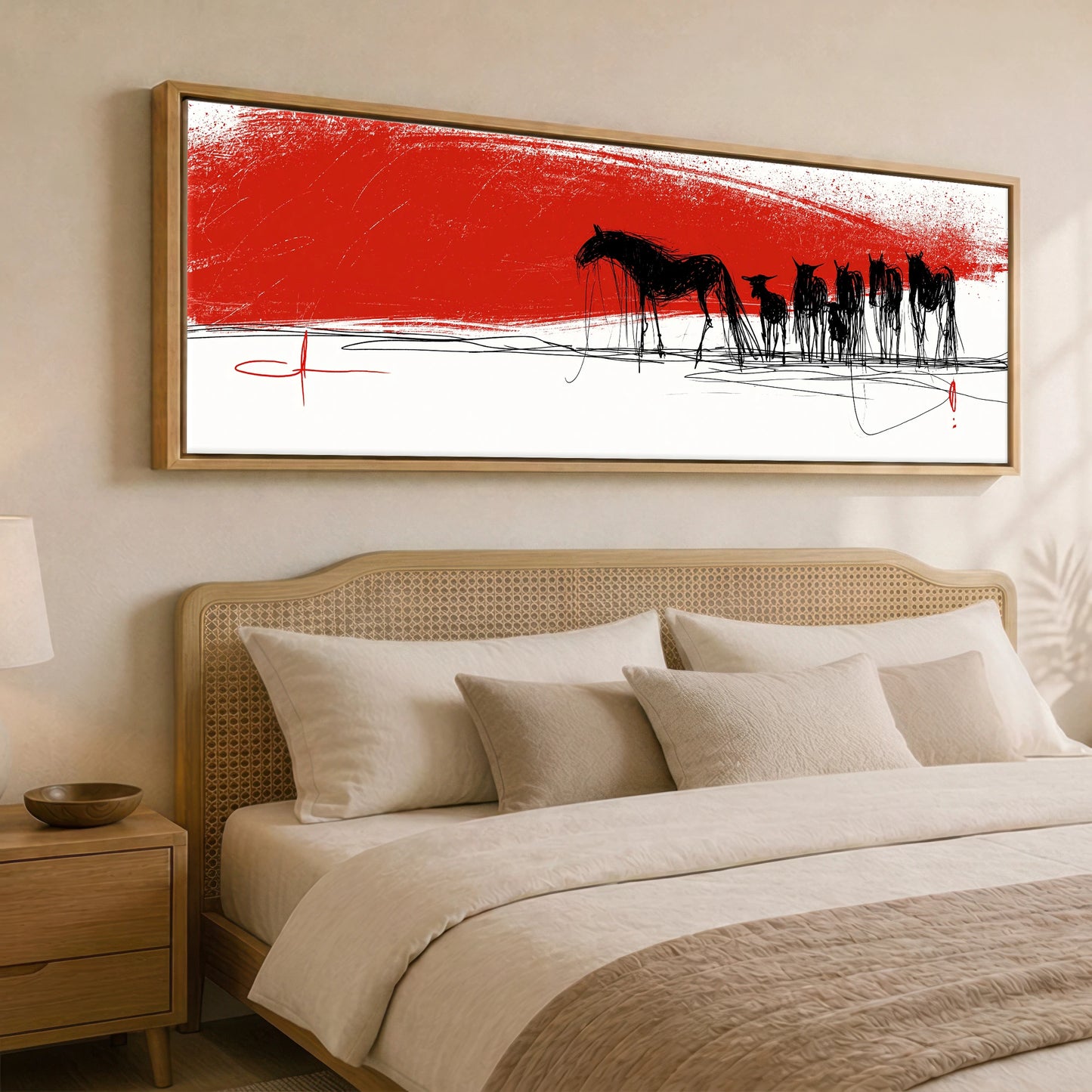 Crimson Horizon Herd Wild Horses panoramic canvas wall art displayed above a bed