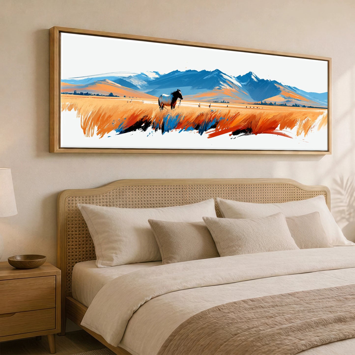 Painted Plains Horse Landscape panoramic canvas wall art displayed above a bed