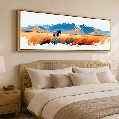 Painted Plains Horse Landscape panoramic canvas wall art displayed above a bed