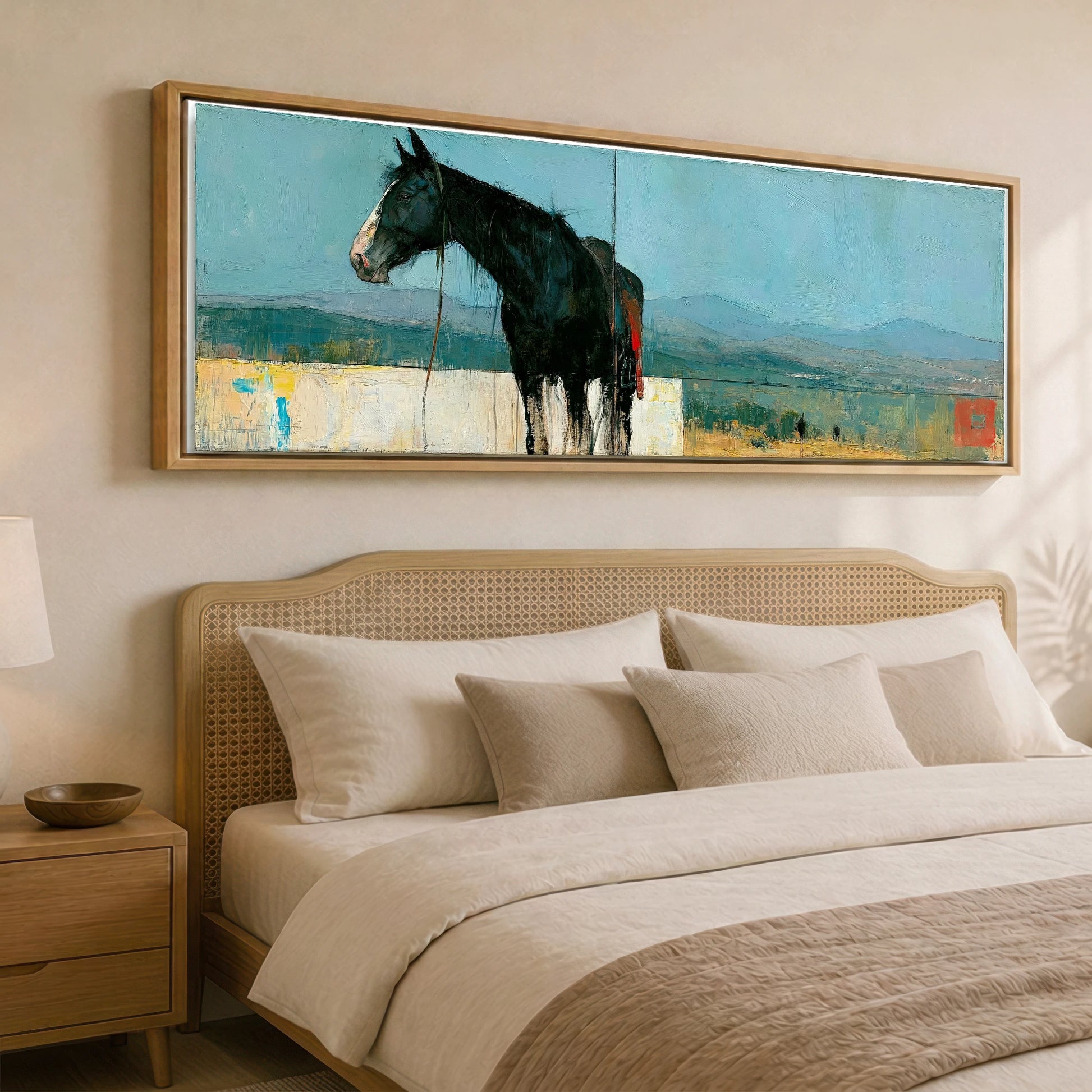 Shadows on the Teal Horizon Horse Landscape panoramic canvas wall art displayed above a bed