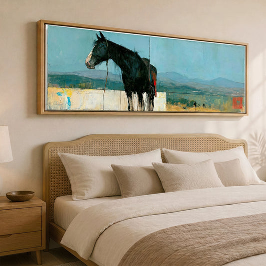 Shadows on the Teal Horizon Horse Landscape panoramic canvas wall art displayed above a bed