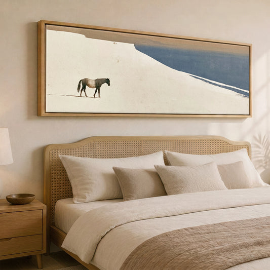 Sweeping Silence Horse Landscape panoramic canvas wall art displayed above a bed