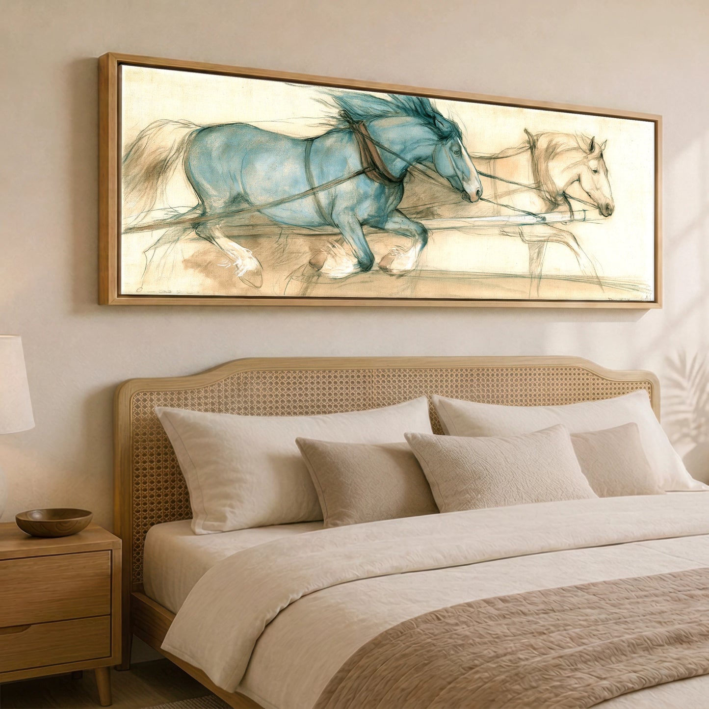 The Blue Draught Team Working Horse panoramic canvas wall art displayed above a bed