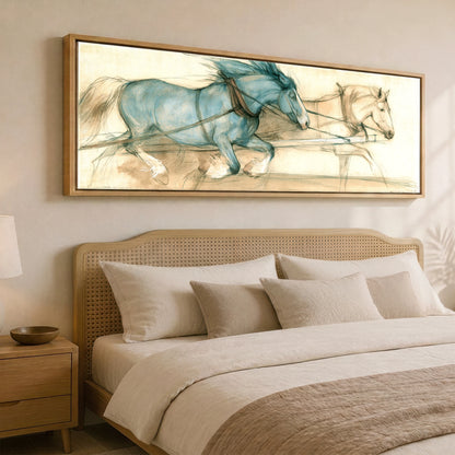 The Blue Draught Team Working Horse panoramic canvas wall art displayed above a bed