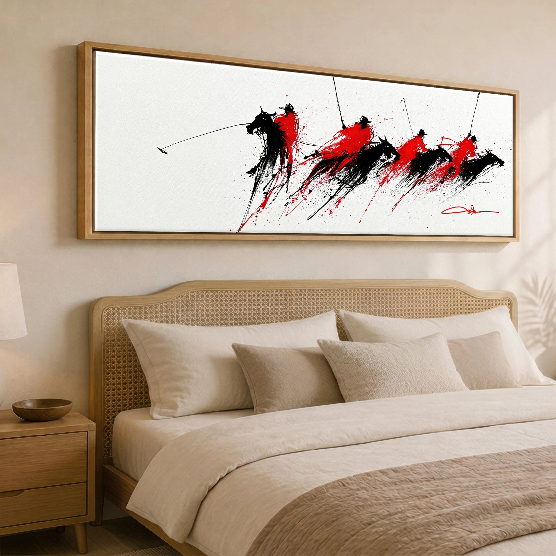 Crimson Polo Pursuit Polo Horse panoramic canvas wall art displayed above a bed