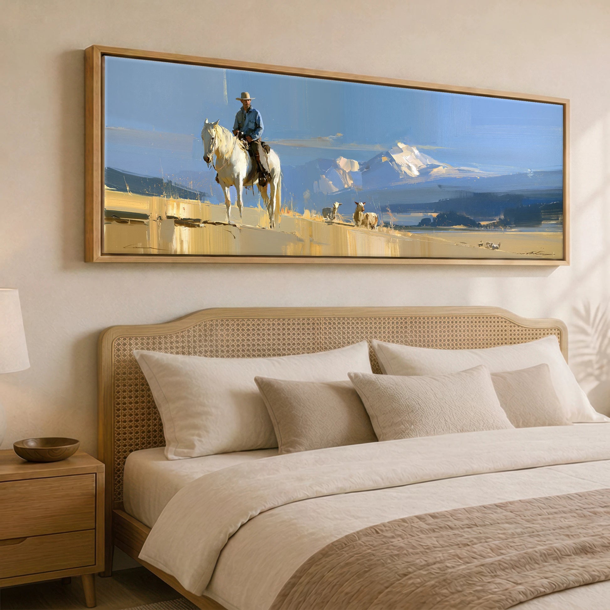 High Country Range Horse Landscape panoramic canvas wall art displayed above a bed