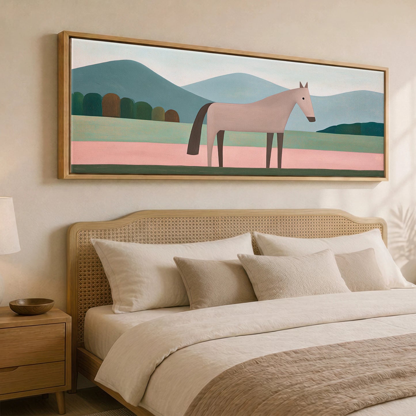 Minimalist Earthy Equine Horse Landscape panoramic canvas wall art displayed above a bed