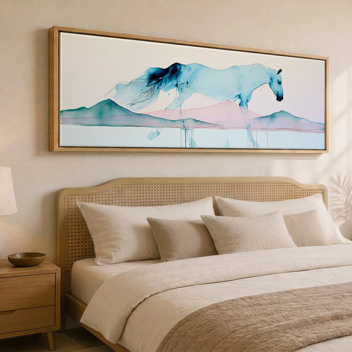 Ethereal Blue Stride Horse Landscape panoramic canvas wall art displayed above a bed