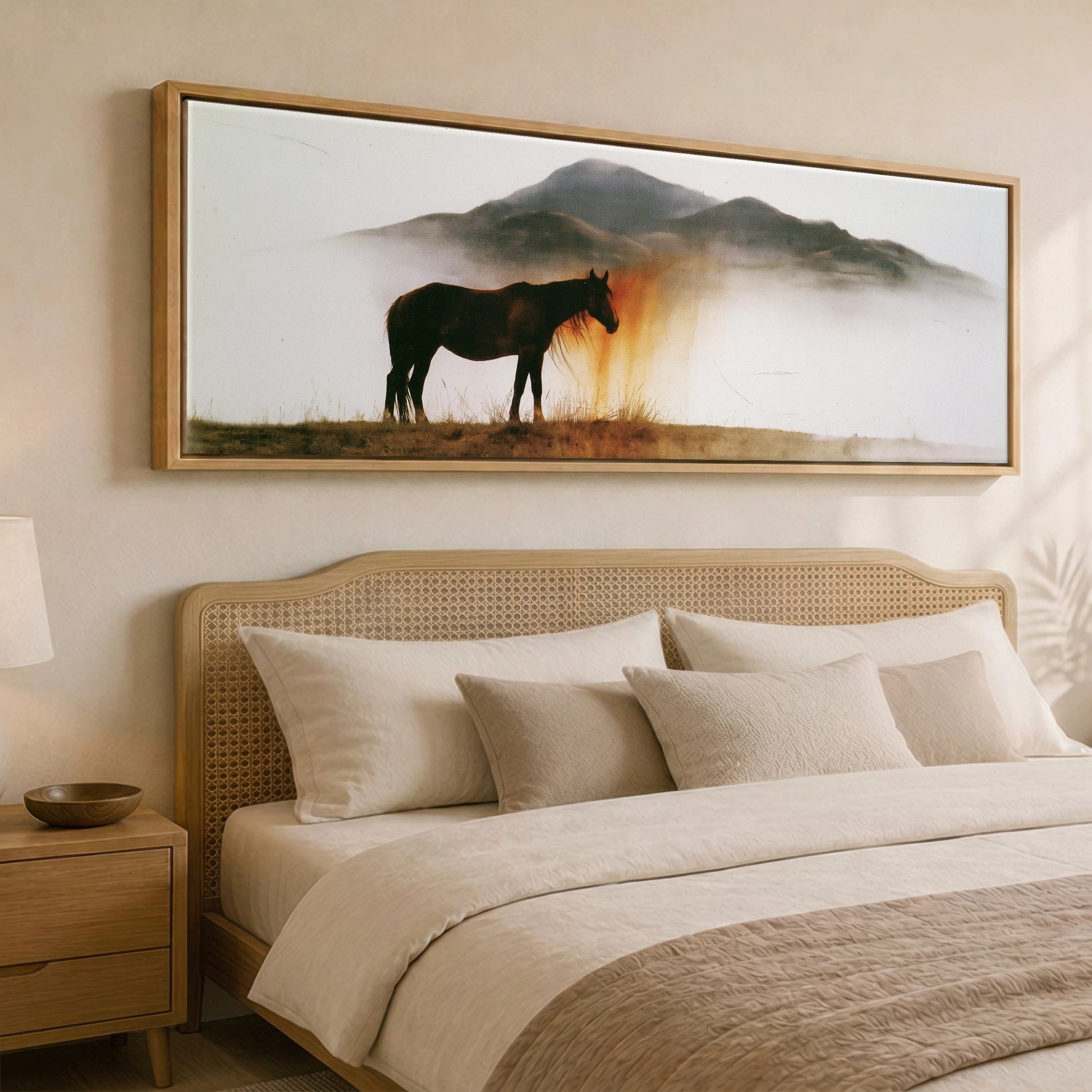 Ethereal Amber Mist Horse Landscape panoramic canvas wall art displayed above a bed